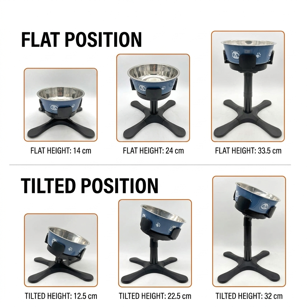 Raised Dog Bowl Stand Adjustable Height — Tilted Elevated Pet Feeder with Stainless Steel Bowl for Large, Medium & Small Dogs